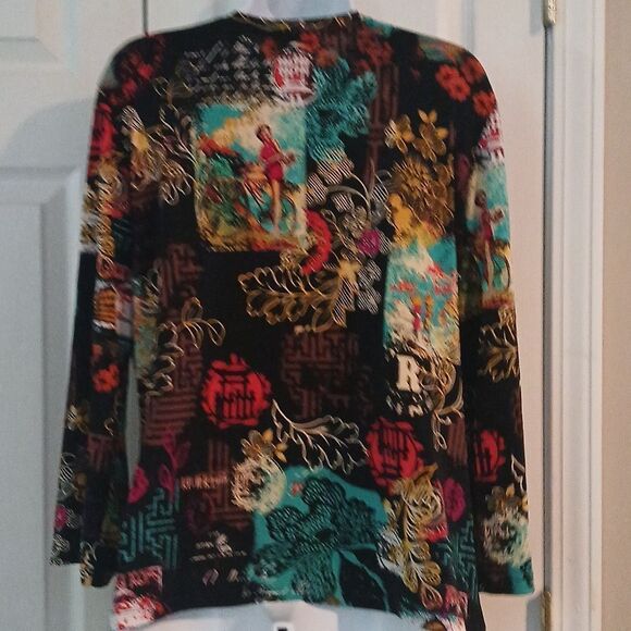 Investments black Asian Orient print long sleeve blouse Sz XL - Picture 4 of 8